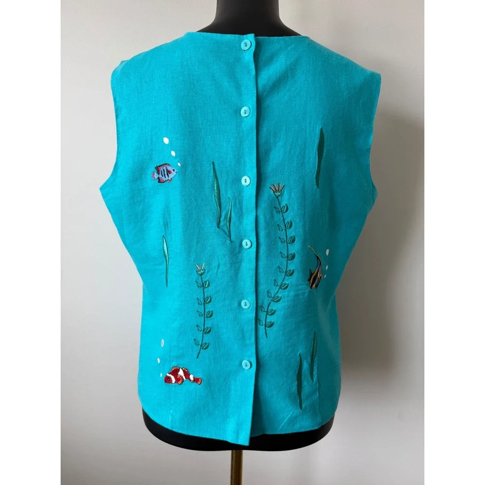 Ultra Dress New York Turquoise Linen Blend Tropical Fish Embroidered Top Size 14